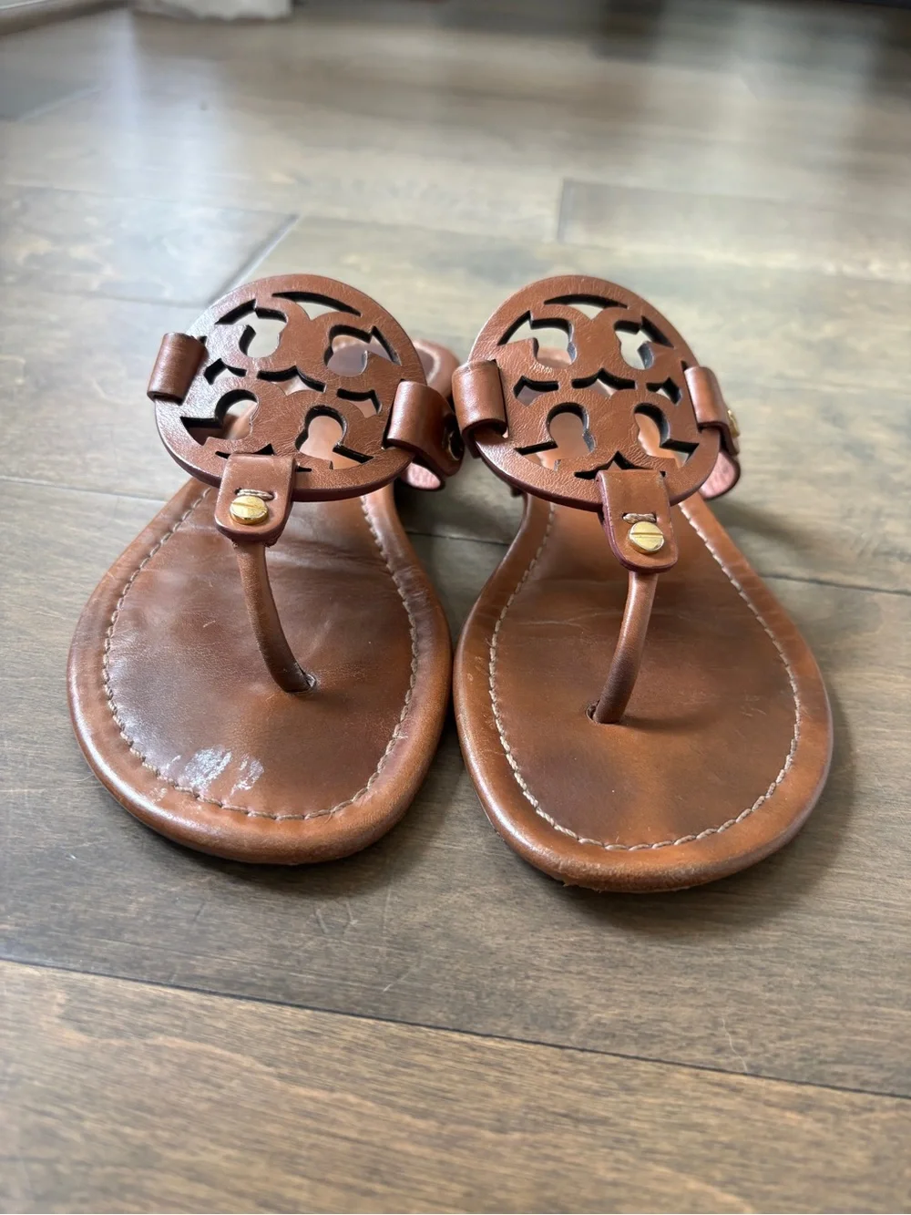 Tory Burch Brown Leather Logo Thong Sandals
